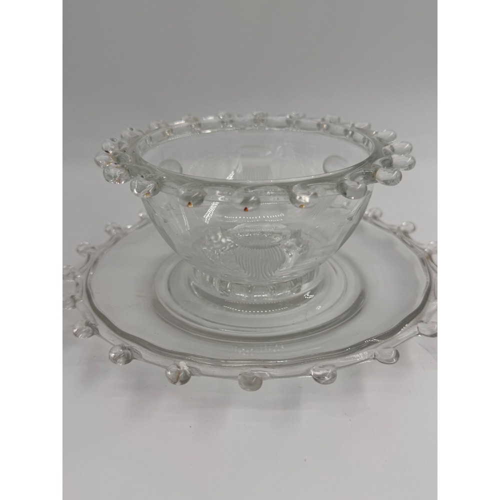 Vintage Clear Etched Glass Finger Bowl and‎ Underplate Set Beaded Rim 2 Piece